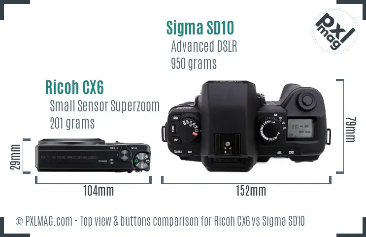 Ricoh CX6 vs Sigma SD10 top view buttons comparison