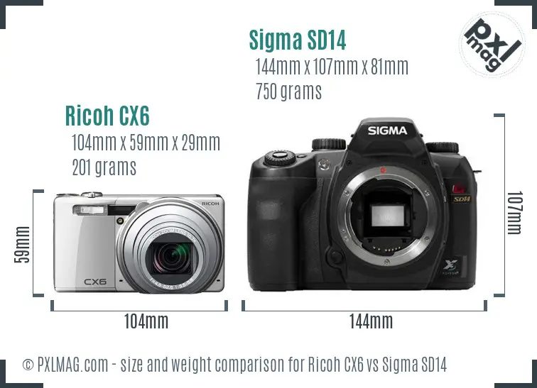 Ricoh CX6 vs Sigma SD14 size comparison