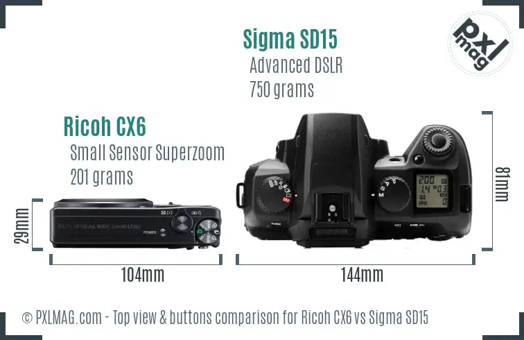 Ricoh CX6 vs Sigma SD15 top view buttons comparison