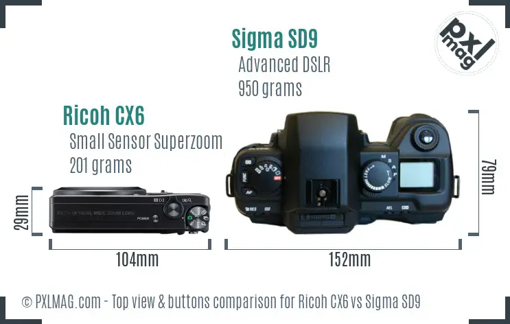 Ricoh CX6 vs Sigma SD9 top view buttons comparison