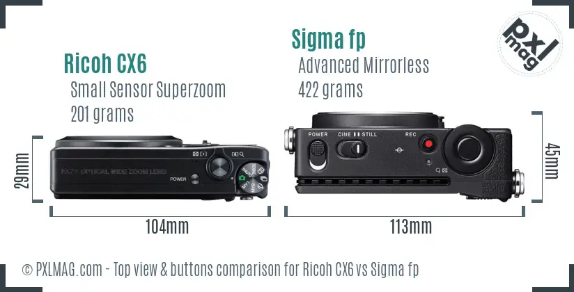 Ricoh CX6 vs Sigma fp top view buttons comparison