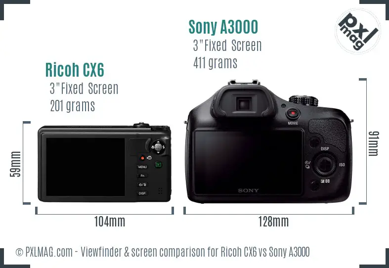 Ricoh CX6 vs Sony A3000 Screen and Viewfinder comparison