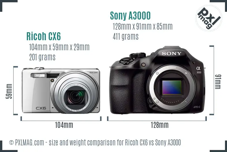 Ricoh CX6 vs Sony A3000 size comparison