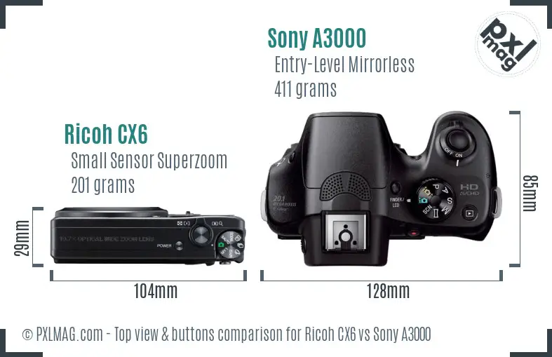 Ricoh CX6 vs Sony A3000 top view buttons comparison