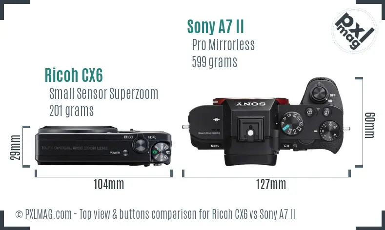 Ricoh CX6 vs Sony A7 II top view buttons comparison