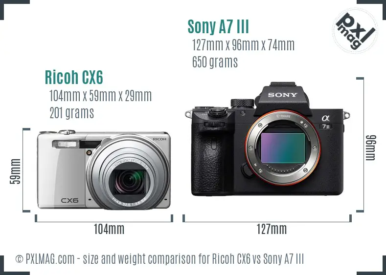 Ricoh CX6 vs Sony A7 III size comparison