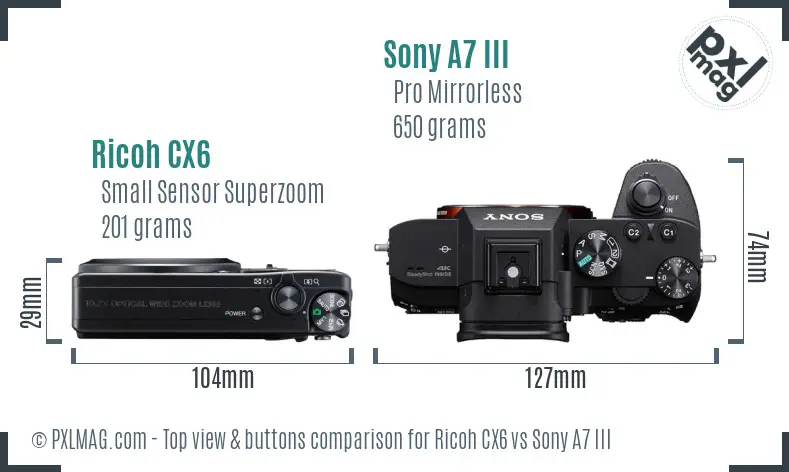 Ricoh CX6 vs Sony A7 III top view buttons comparison