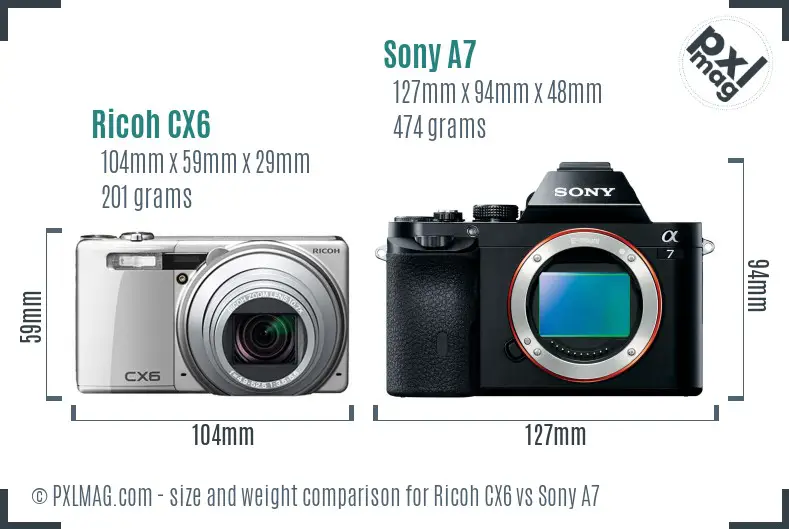 Ricoh CX6 vs Sony A7 size comparison