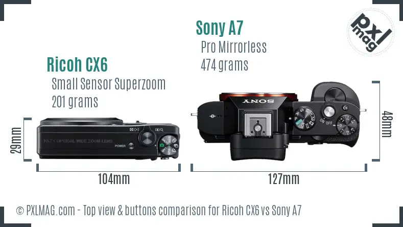 Ricoh CX6 vs Sony A7 top view buttons comparison