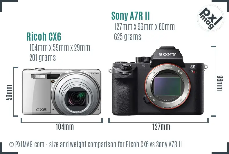 Ricoh CX6 vs Sony A7R II size comparison