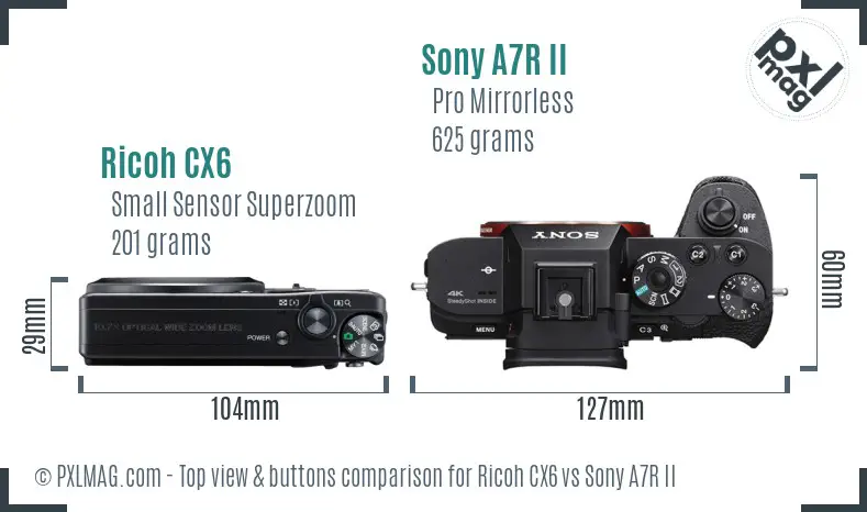 Ricoh CX6 vs Sony A7R II top view buttons comparison