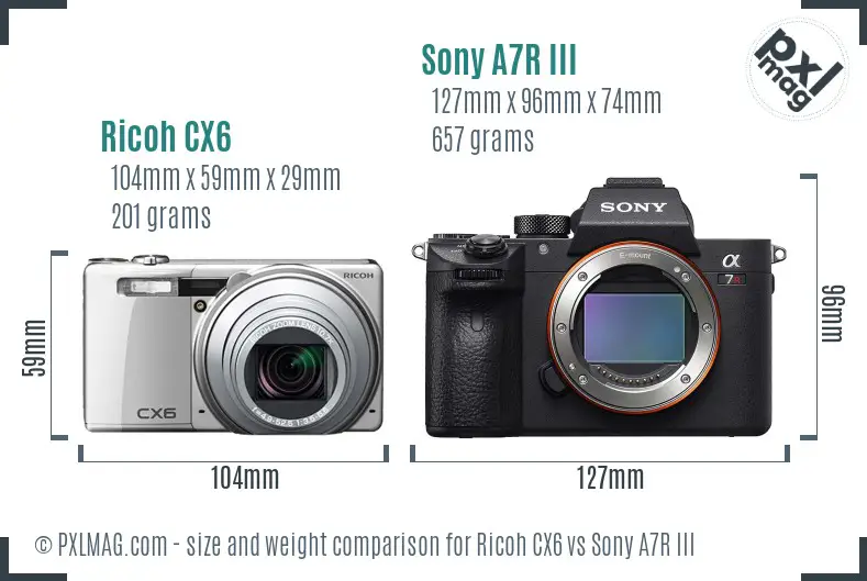 Ricoh CX6 vs Sony A7R III size comparison