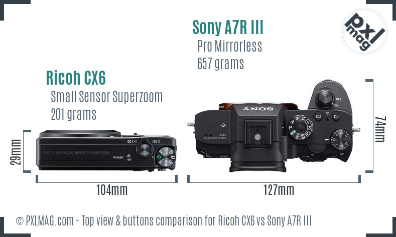 Ricoh CX6 vs Sony A7R III top view buttons comparison