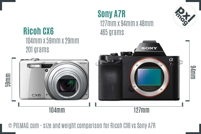 Ricoh CX6 vs Sony A7R size comparison