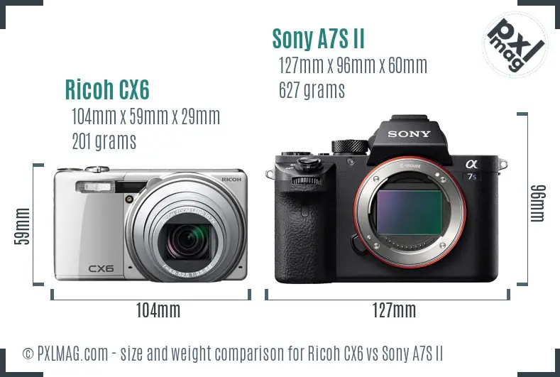Ricoh CX6 vs Sony A7S II size comparison