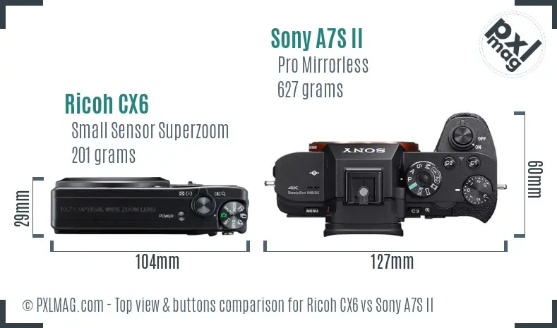 Ricoh CX6 vs Sony A7S II top view buttons comparison