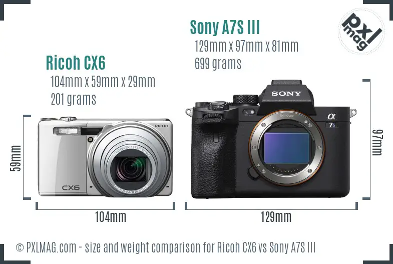 Ricoh CX6 vs Sony A7S III size comparison