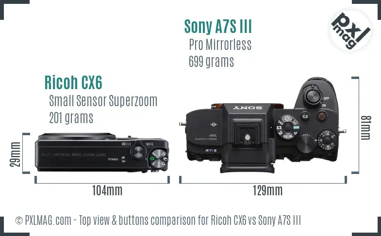 Ricoh CX6 vs Sony A7S III top view buttons comparison