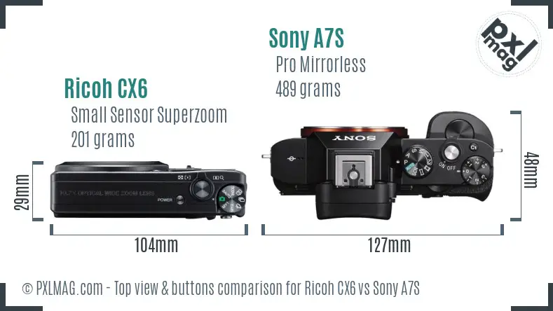 Ricoh CX6 vs Sony A7S top view buttons comparison