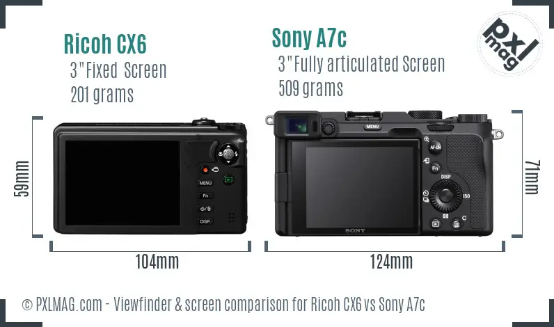 Ricoh CX6 vs Sony A7c Screen and Viewfinder comparison