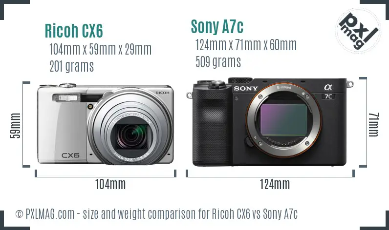 Ricoh CX6 vs Sony A7c size comparison