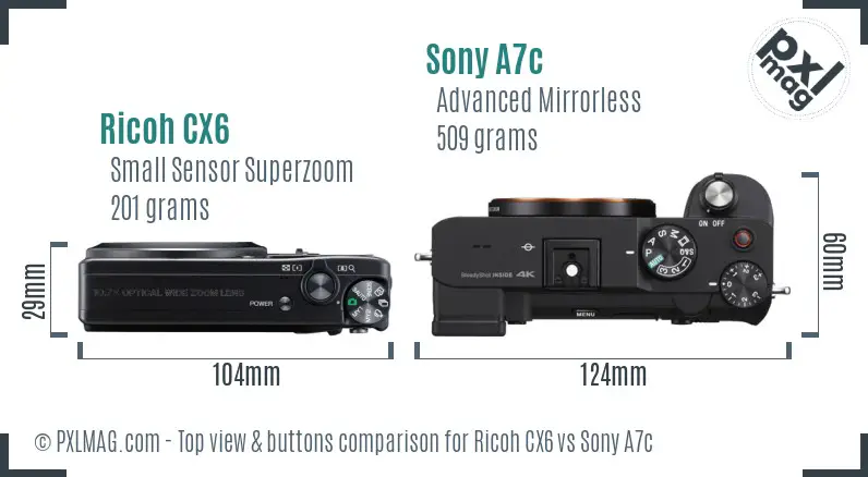 Ricoh CX6 vs Sony A7c top view buttons comparison
