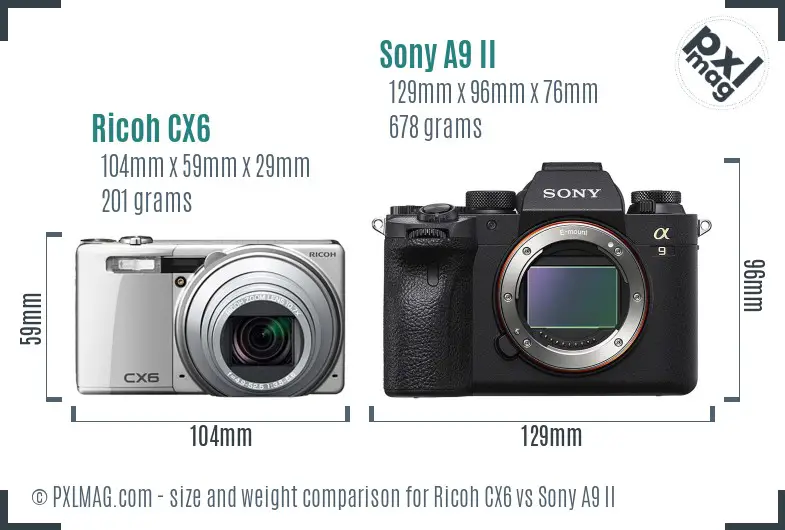 Ricoh CX6 vs Sony A9 II size comparison