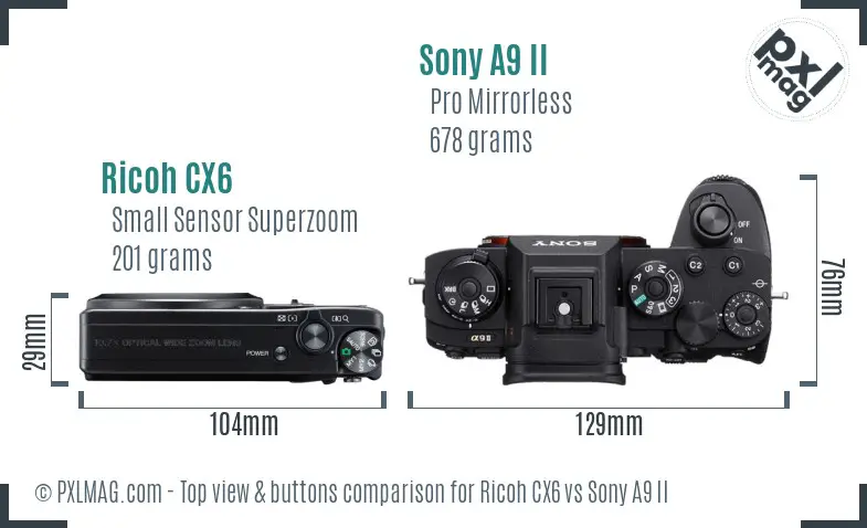 Ricoh CX6 vs Sony A9 II top view buttons comparison