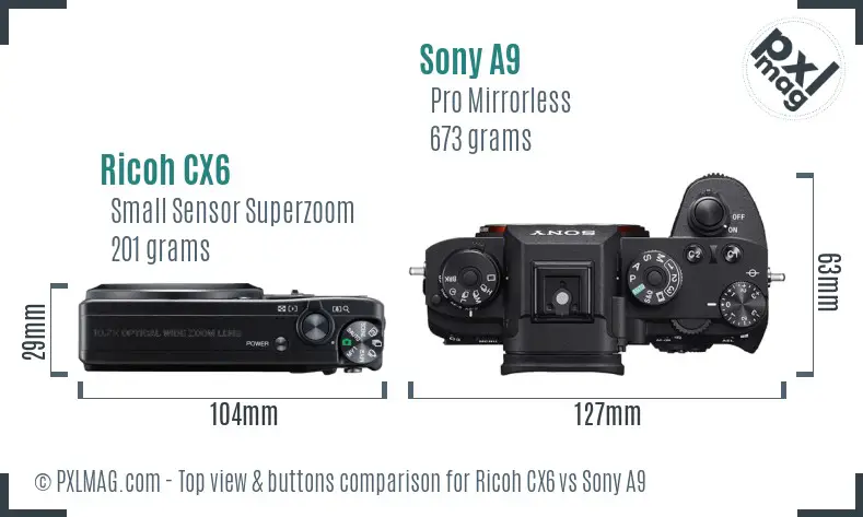 Ricoh CX6 vs Sony A9 top view buttons comparison