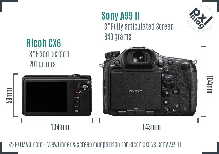 Ricoh CX6 vs Sony A99 II Screen and Viewfinder comparison