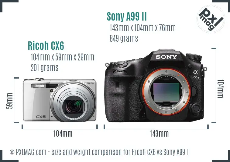 Ricoh CX6 vs Sony A99 II size comparison