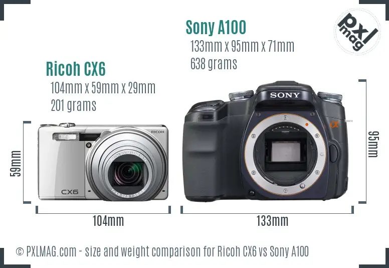 Ricoh CX6 vs Sony A100 size comparison