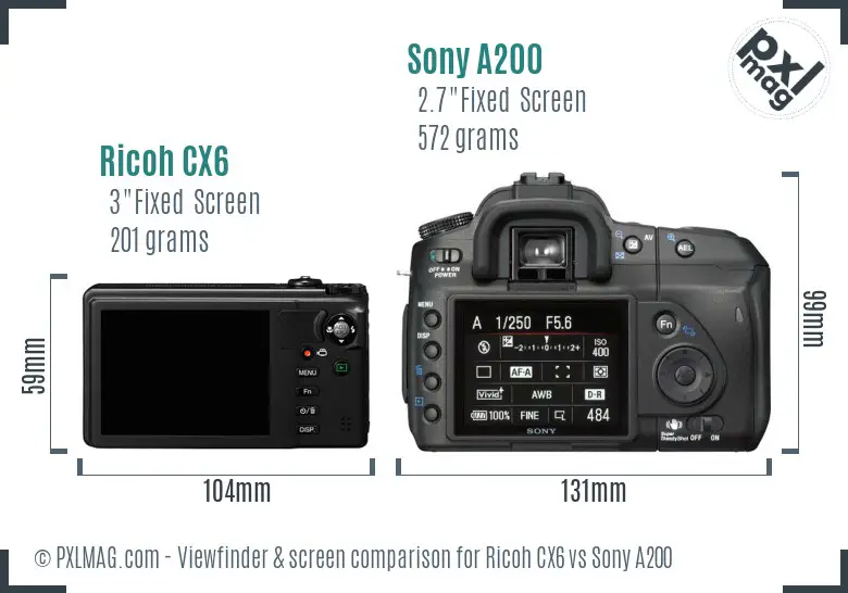 Ricoh CX6 vs Sony A200 Screen and Viewfinder comparison