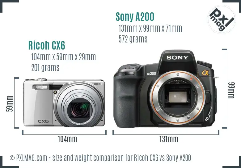 Ricoh CX6 vs Sony A200 size comparison