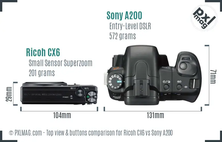 Ricoh CX6 vs Sony A200 top view buttons comparison