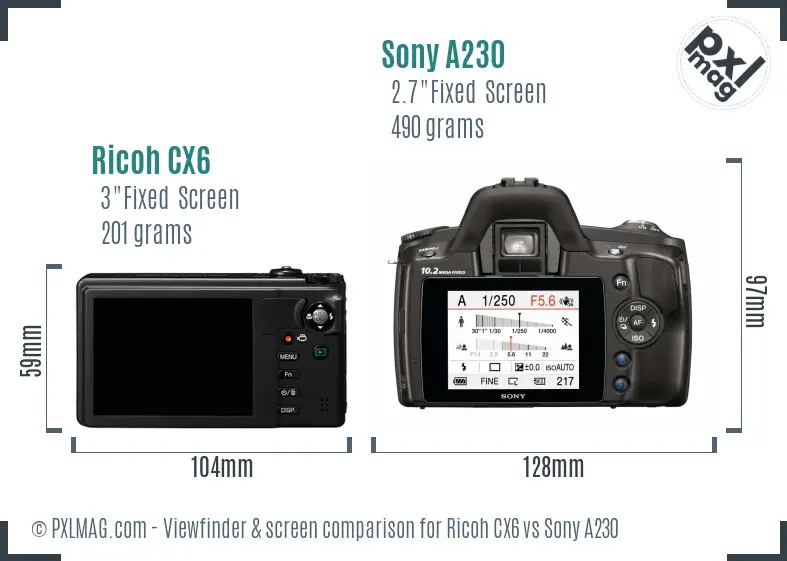 Ricoh CX6 vs Sony A230 Screen and Viewfinder comparison