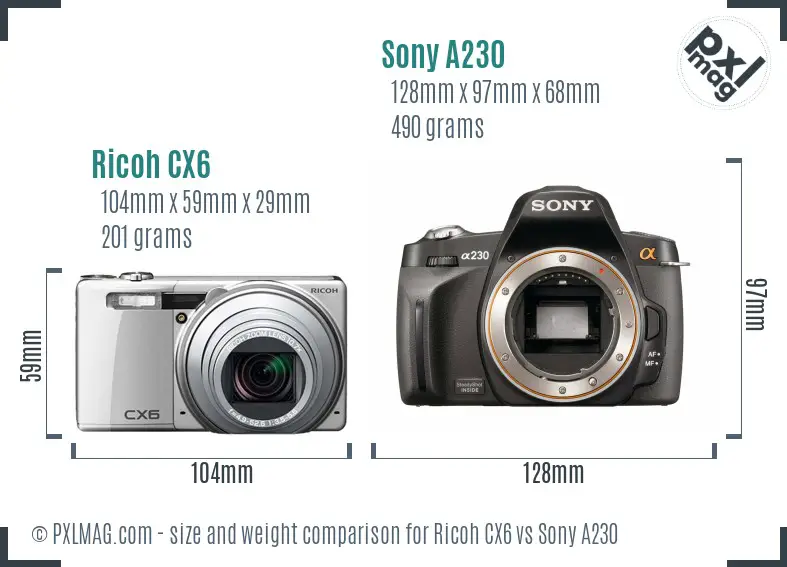 Ricoh CX6 vs Sony A230 size comparison