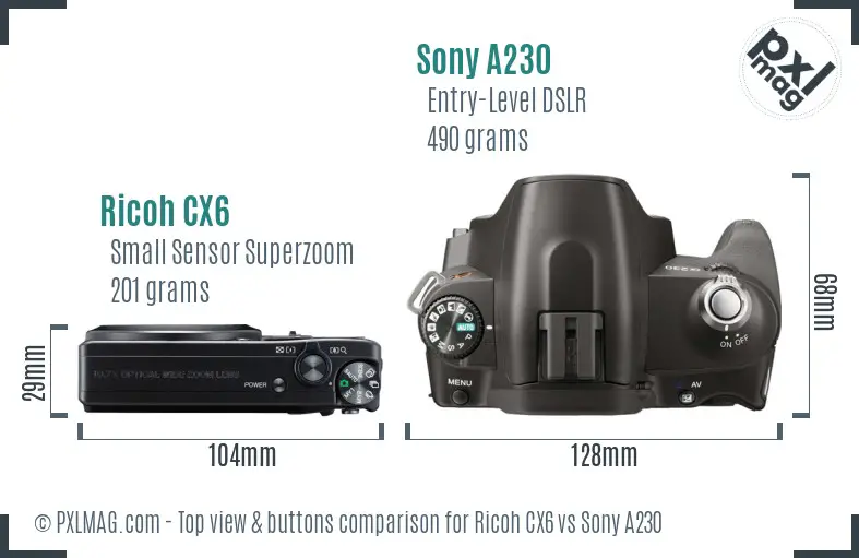 Ricoh CX6 vs Sony A230 top view buttons comparison