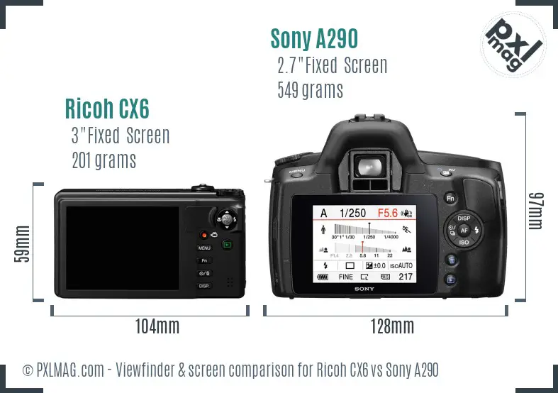 Ricoh CX6 vs Sony A290 Screen and Viewfinder comparison