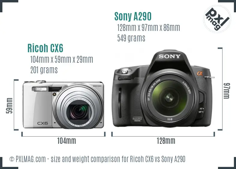 Ricoh CX6 vs Sony A290 size comparison