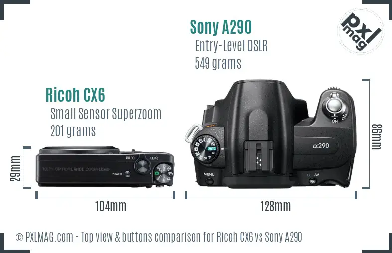 Ricoh CX6 vs Sony A290 top view buttons comparison