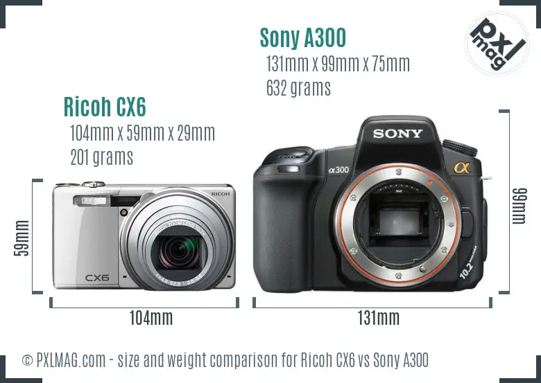 Ricoh CX6 vs Sony A300 size comparison