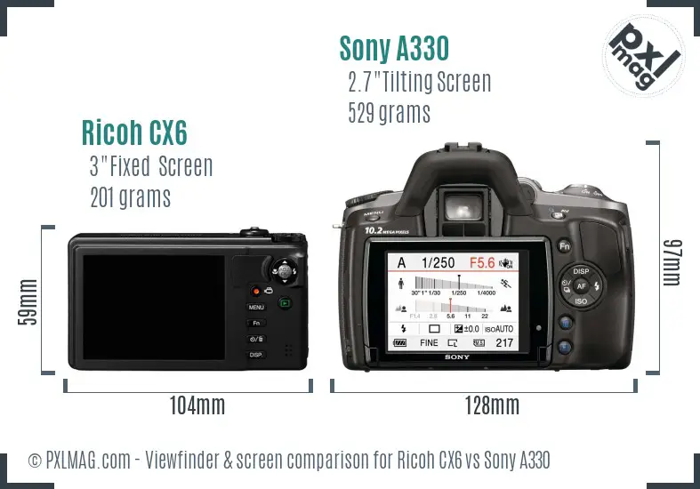 Ricoh CX6 vs Sony A330 Screen and Viewfinder comparison