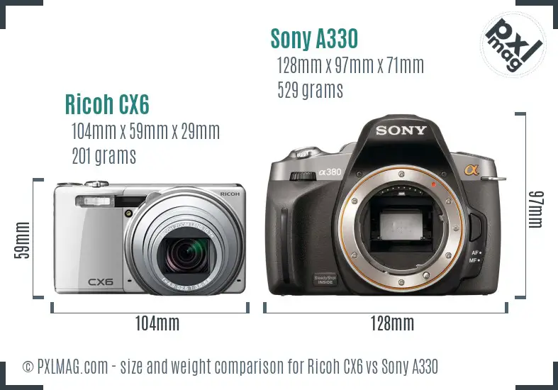 Ricoh CX6 vs Sony A330 size comparison