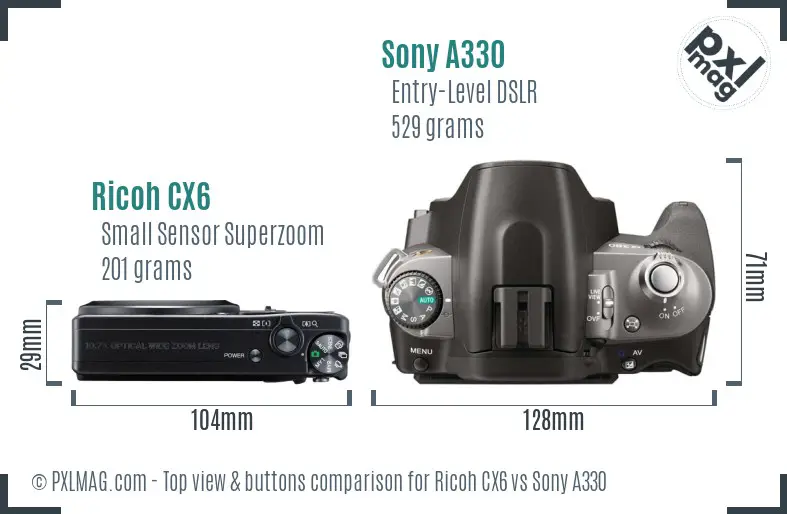 Ricoh CX6 vs Sony A330 top view buttons comparison