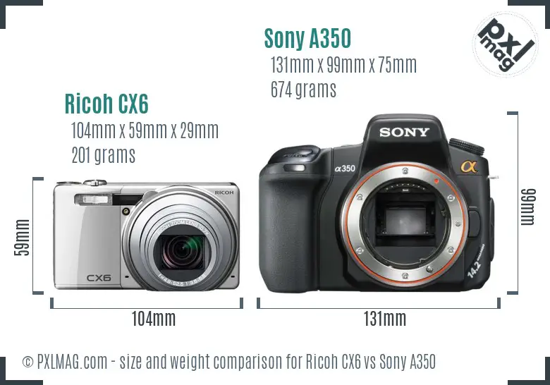 Ricoh CX6 vs Sony A350 size comparison