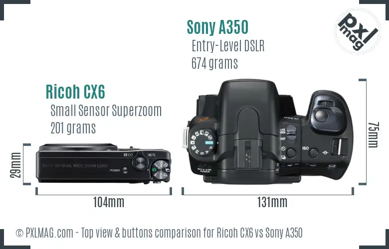 Ricoh CX6 vs Sony A350 top view buttons comparison