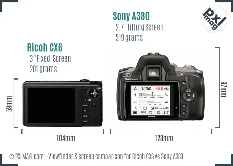 Ricoh CX6 vs Sony A380 Screen and Viewfinder comparison