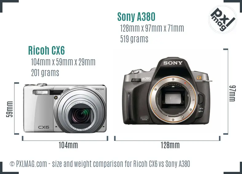 Ricoh CX6 vs Sony A380 size comparison