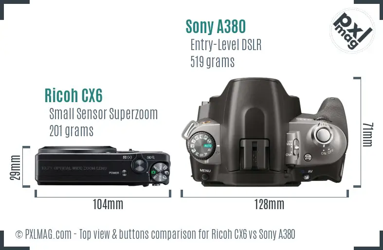 Ricoh CX6 vs Sony A380 top view buttons comparison